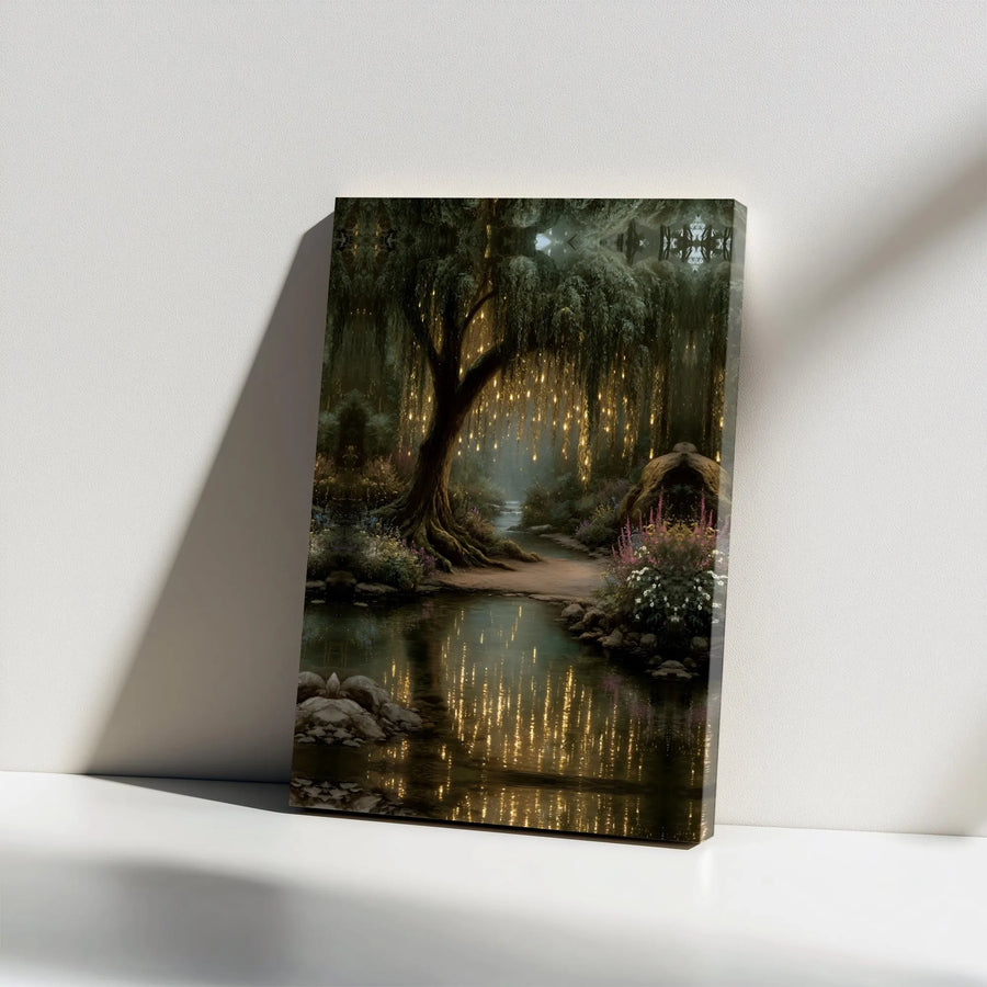 Enchanted Forest Canvas Art | Weeping Willow with Glowing Lights Print | Premium Gallery Wrapped Canvas | Fantasy Lover Gift & Magical Bedroom Decor
