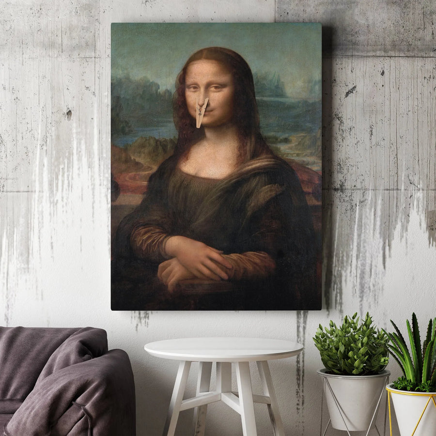 Funny Mona Lisa Canvas Print | Humorous Parody with Clothespin Nose | Premium Gallery Wrapped Art | Unique Gift for Modern Home Decor