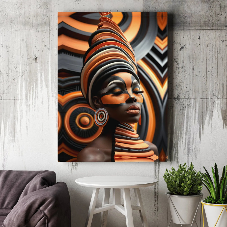 African Woman Canvas Wall Art | Abstract Portrait With Orange Turban | Gallery-Quality 1.25" Thick Print | Modern Home Decor Gift For Her
