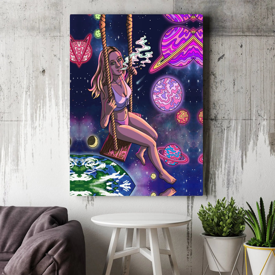 Trippy Space Girl Canvas Print | Psychedelic Cosmic Galaxy Illustration | Premium Gallery Wrapped Wall Art | Collector's Stoner Room Decor Gift