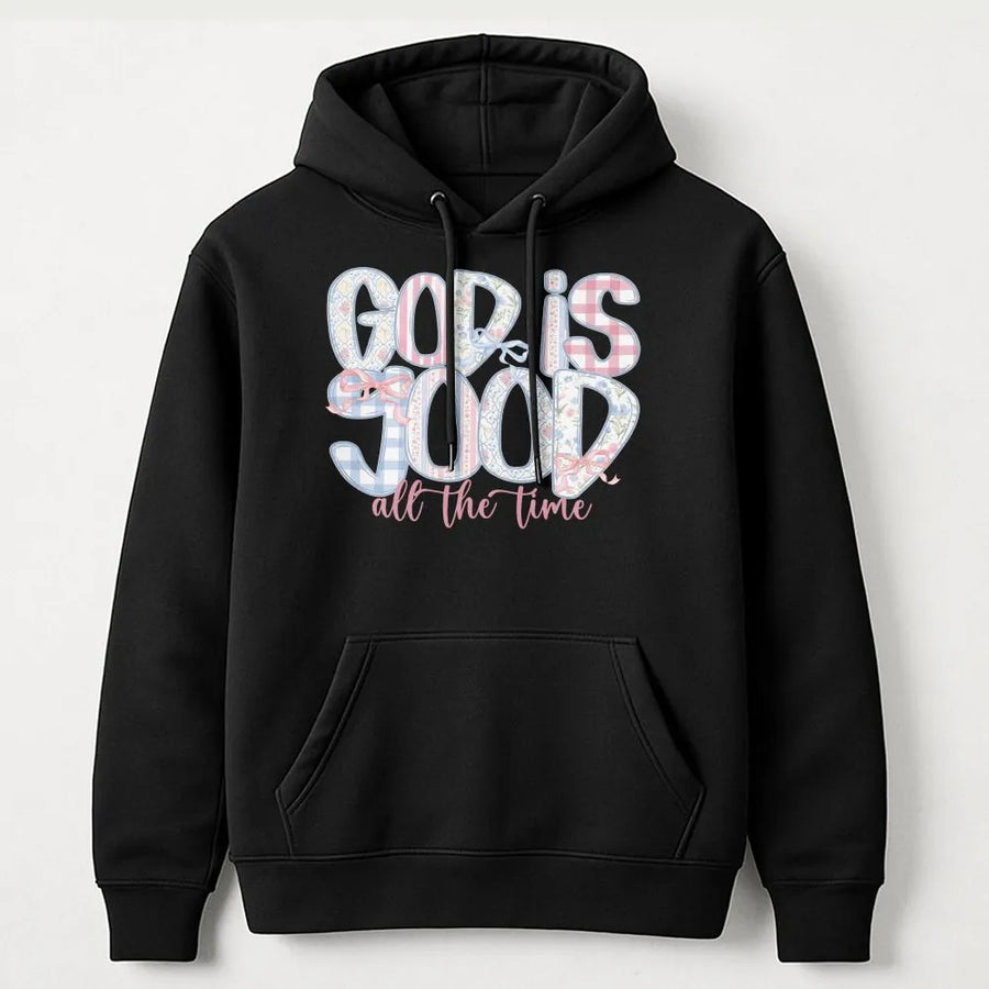 Faith Based Hoodie | God Is Good Pastel Gingham & Floral Graphic | Soft Cotton Tee | Inspirational Christian Gift for Women