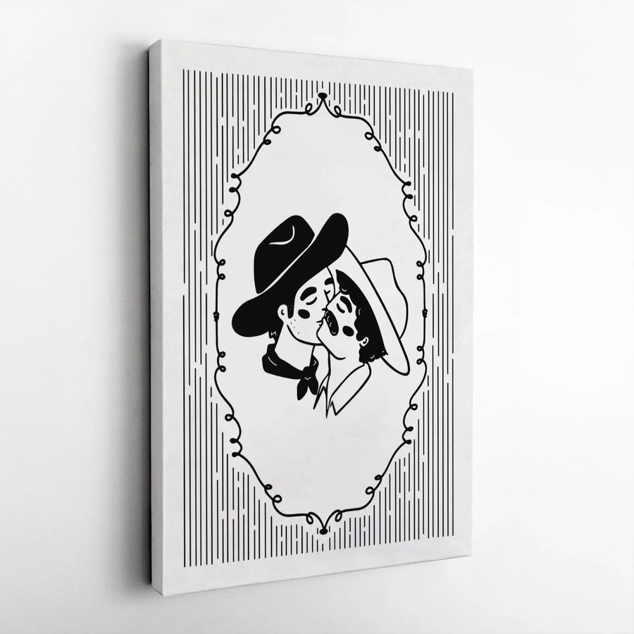 Kissing Cowboys Wall Art Canvas | Minimalist Western Line Drawing | Premium Gallery Wrap Print | Romantic LGBTQ Home Decor Gift