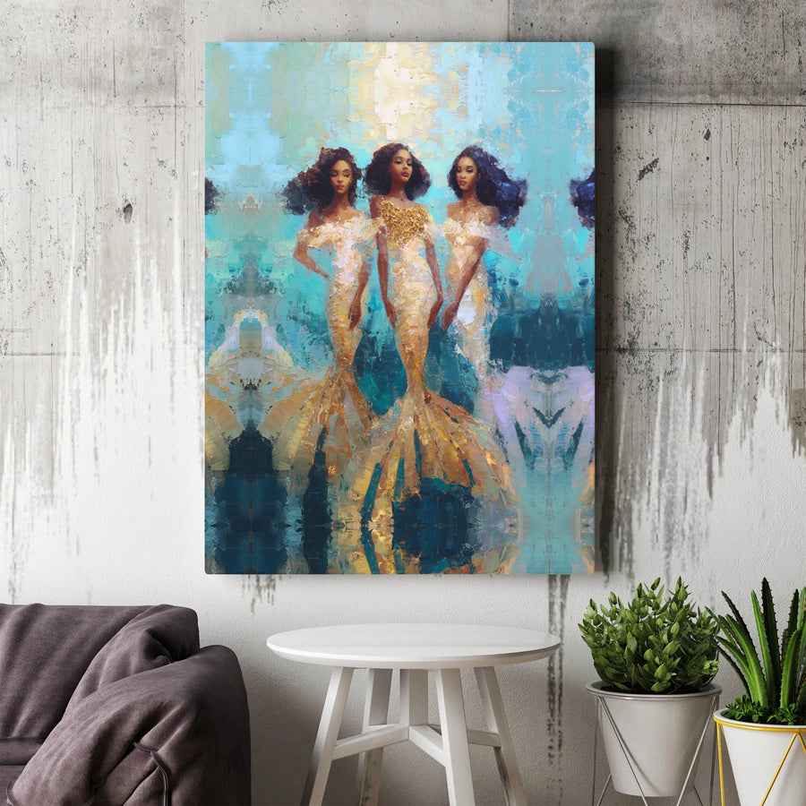Black Mermaid Canvas Print | Abstract Goddess Trio Painting | Premium Gallery Wrapped Canvas | Afrocentric Living Room Decor Gift