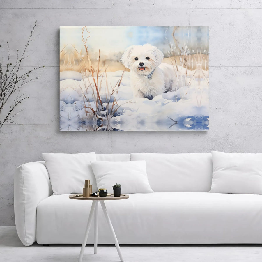 Maltese Dog Wall Art | Watercolor Winter Snow Puppy Portrait | Premium Gallery Wrap Canvas | Pet Lover Home Decor Gift