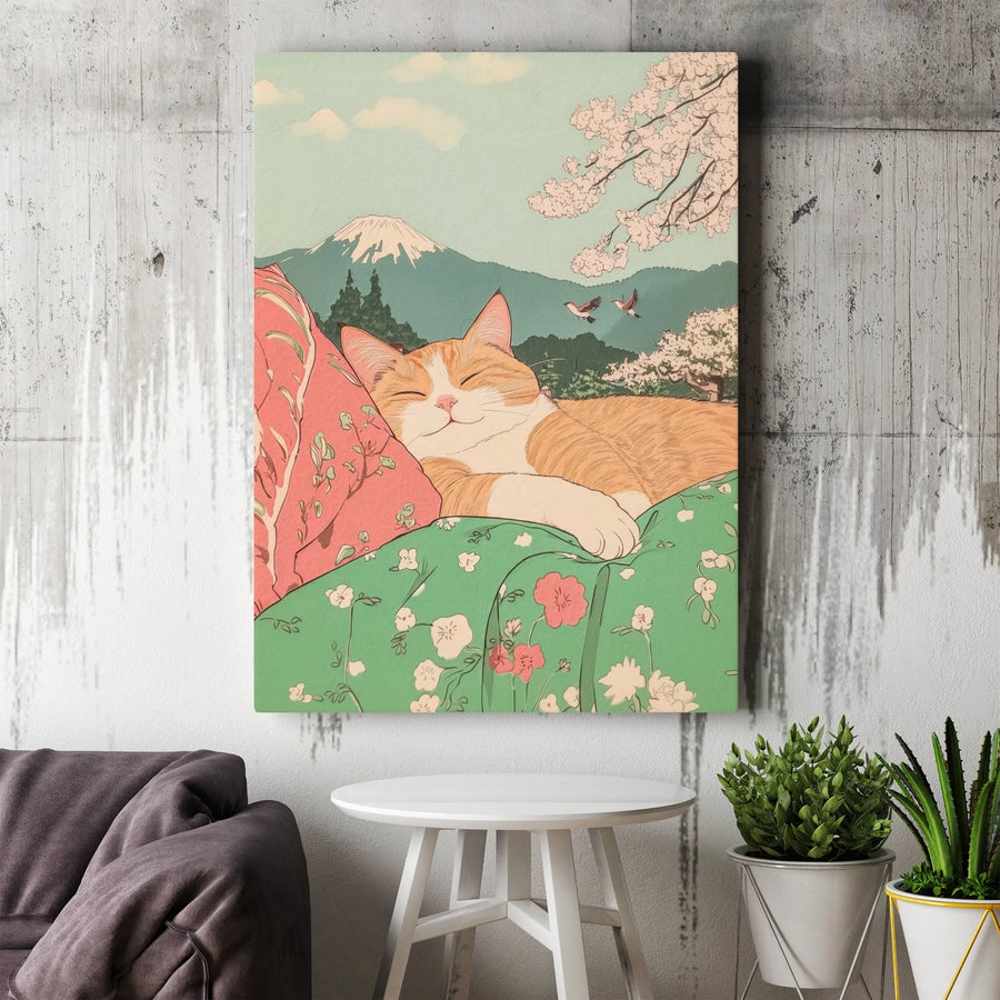 Japanese Cat Art Vertical Canvas | Sleeping Ginger Cat with Mount Fuji & Sakura | Premium Gallery Print | Cat Lover Gift for Home Decor