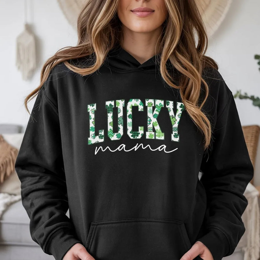 Lucky Mama Hoodie | St Patrick's Day Shamrock Graphic | Premium Cotton Blend | Matching Irish Mom Gift for Women