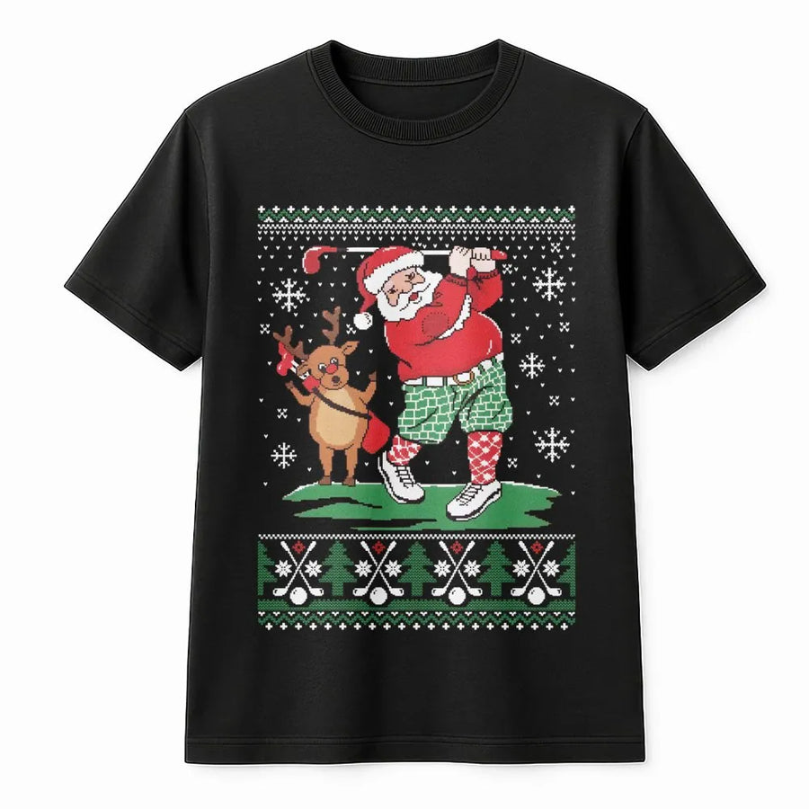 Santa Golfing Ugly Christmas T-Shirt | Reindeer Caddy Graphic Design | Premium Soft Cotton Tee | Funny Holiday Gift for Golfers Men Women