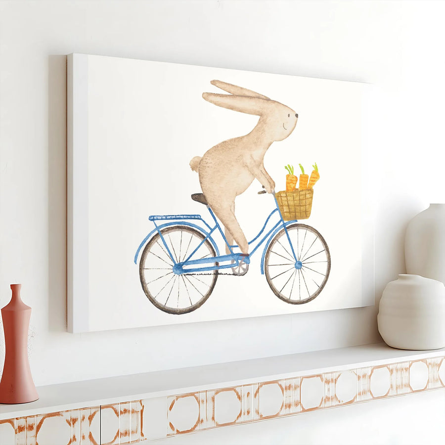 Bunny Rabbit on Bicycle Canvas Wall Art | Whimsical Watercolor Animal Print | Premium Thick Gallery Wrap | Kids Room Decor & Nursery Gift