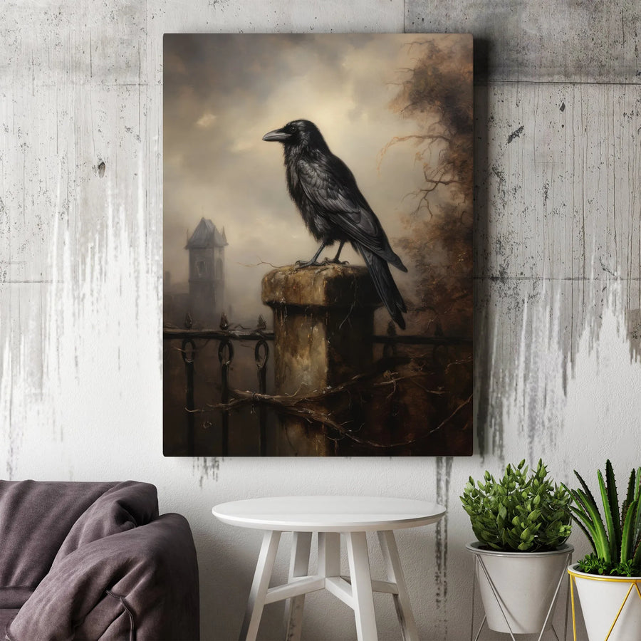 Gothic Crow Vertical Canvas | Moody Perched Raven Painting Wall Art | Premium Thick Gallery Wrap Canvas | Dark Academia Home Decor Collector's Gift