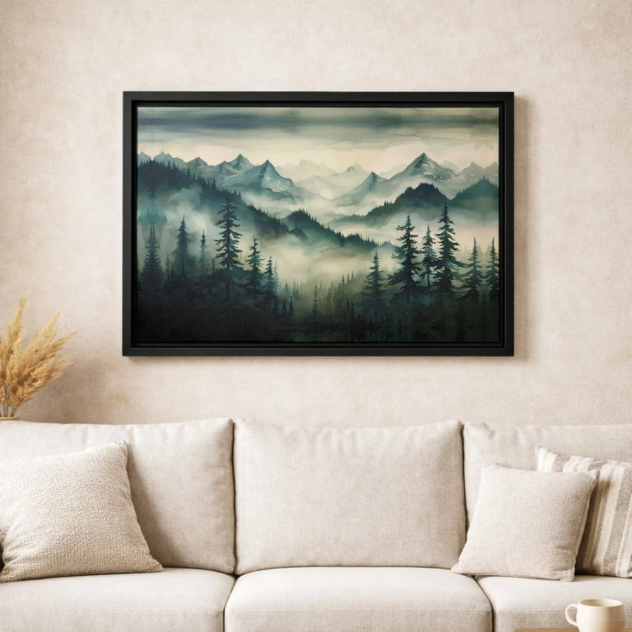Misty Mountain Forest Canvas Wall Art | Foggy Pine Landscape Print | Gallery-Quality 1.25 Inch Thick Frame | Modern Nature Home Decor