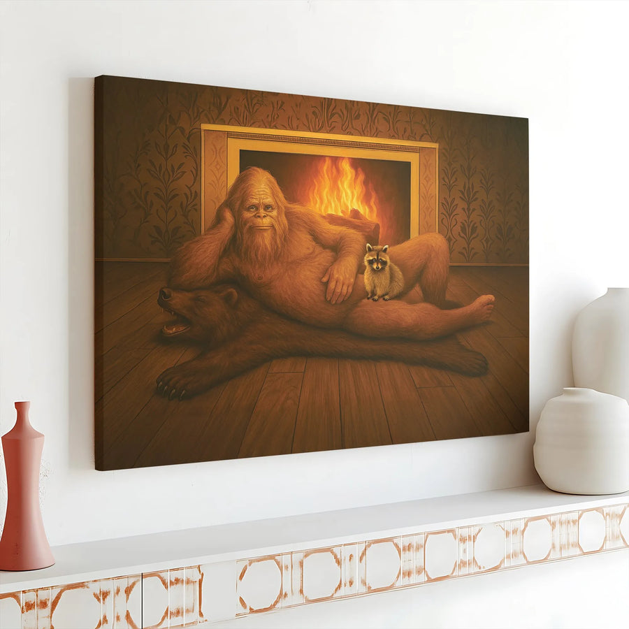 Bigfoot Canvas Wall Art | Humorous Sasquatch Fireside Portrait | Premium Gallery-Wrap Print | Funny Man Cave Decor Gift