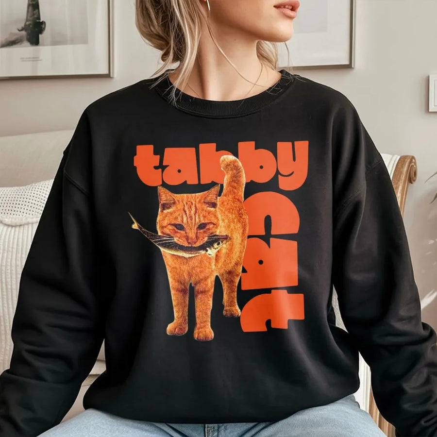 Tabby Cat Sweatshirt | Retro Orange Cat With Fish Graphic | Premium Cotton Blend Crewneck | Cute Animal Lover Gift For Cat Mom