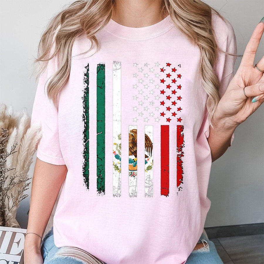 Mexican American Flag T-Shirt | Distressed Dual Heritage Graphic Print | Premium 100% Cotton Tee | Gift for Latino Pride and Heritage Month
