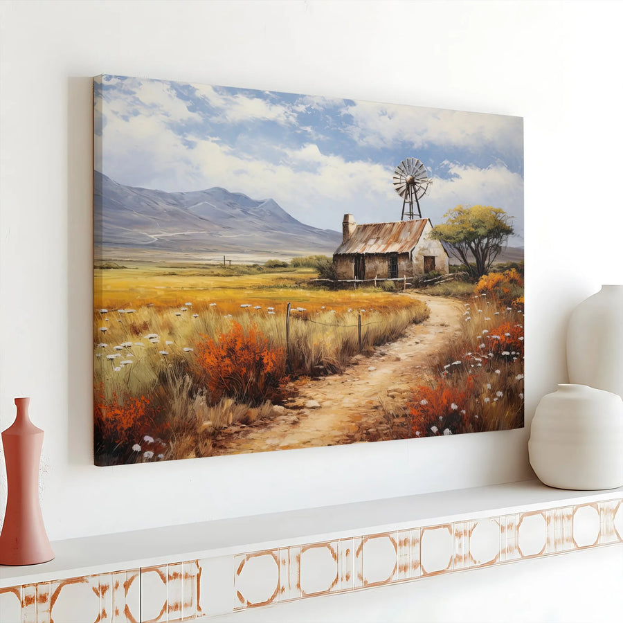 Rustic Farmhouse Canvas Wall Art | Country Landscape Painting with Windmill | Premium Gallery Wrapped Canvas | Farmhouse Living Room Decor Gift