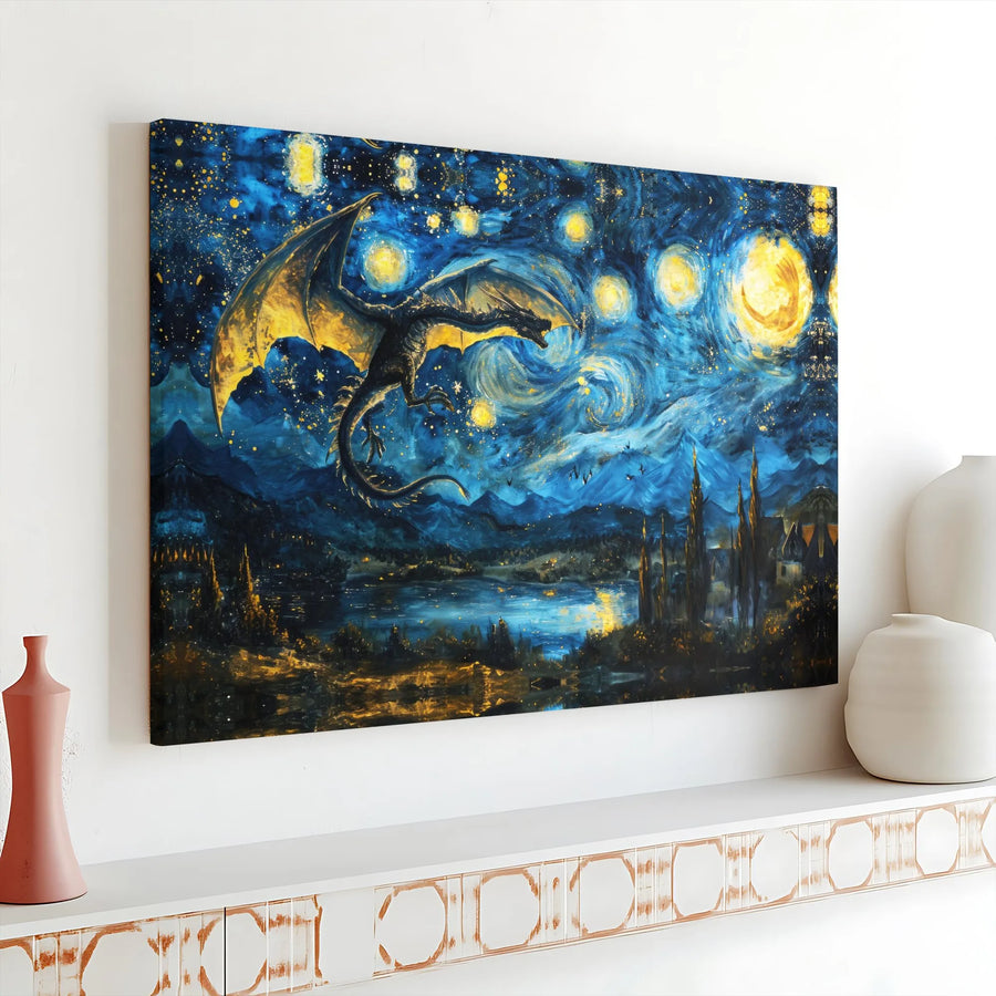 Dragon Wall Art Canvas | Starry Night Impressionist Fantasy Landscape | 1.25-Inch Gallery Wrap Premium Print | Magical Gift for Fantasy Lovers