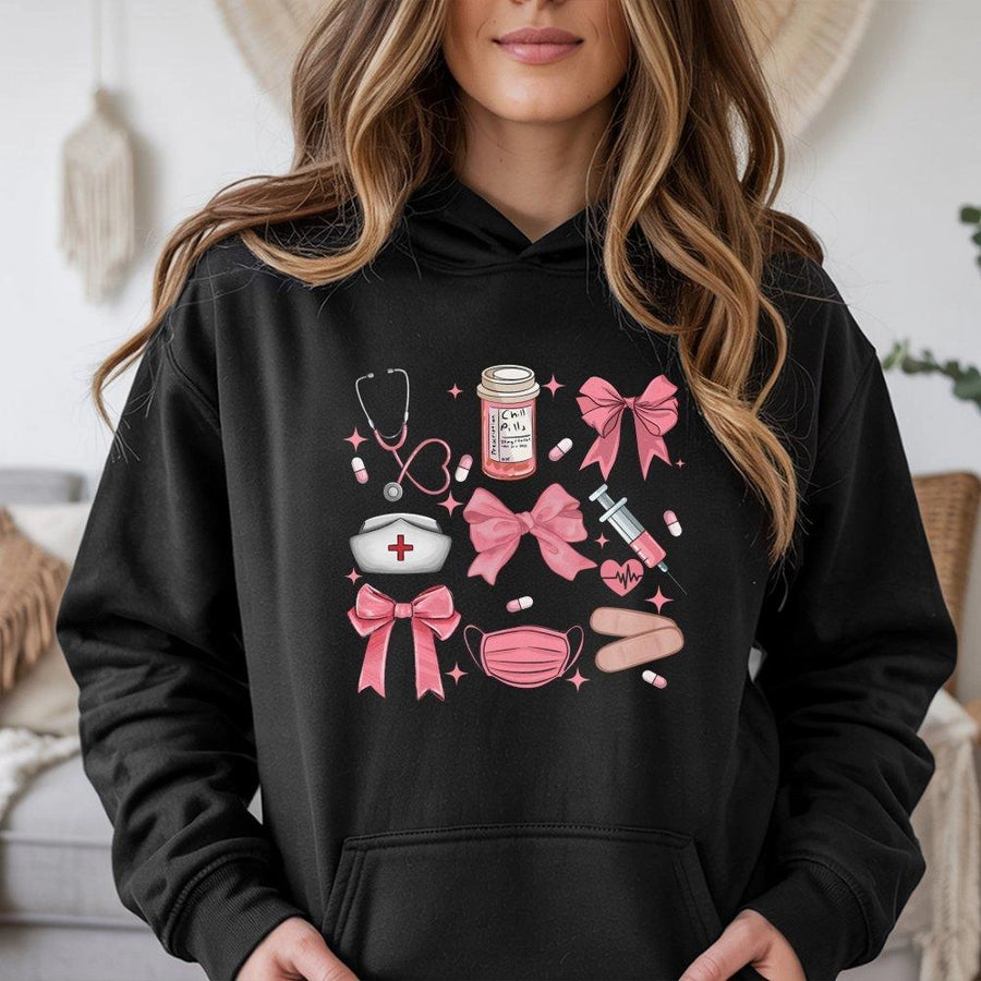 Coquette Nurse Hoodie | Aesthetic Medical Pink Bow Graphic | Soft Cotton-Blend Pullover | Cute Nursing School Student Gift for Her