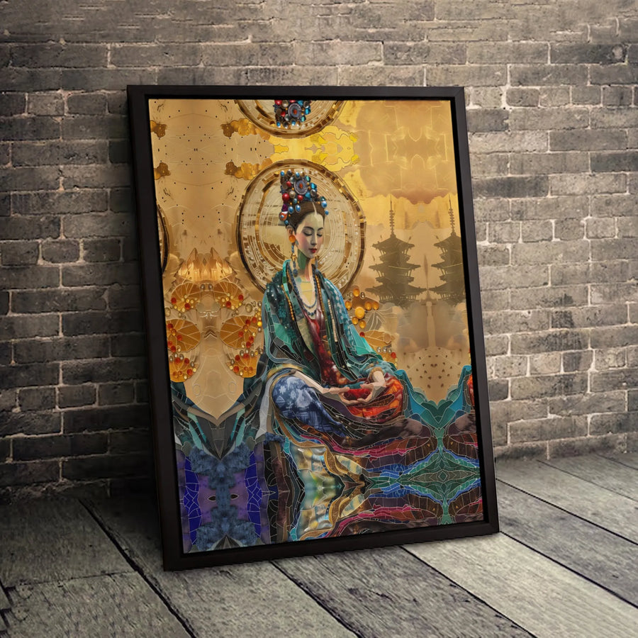 Meditating Empress Canvas Wall Art | Stained Glass Zen Pagoda Decor | Premium Fade-Resistant Print | Spiritual Home Office Gift