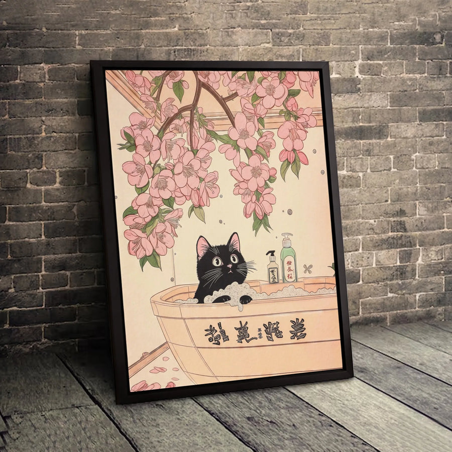 Black Cat Bathing Canvas Print | Japanese Ukiyo-E Sakura Cherry Blossom Wall Art | Premium Gallery Wrapped Decor | Unique Cat Lover Gift