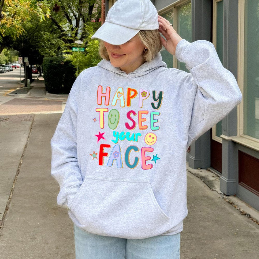 Happy To See Your Face Hoodie | Colorful Retro Smiley Graphic | Premium Cotton Blend | Positive Vibes Aesthetic Gift For Her
