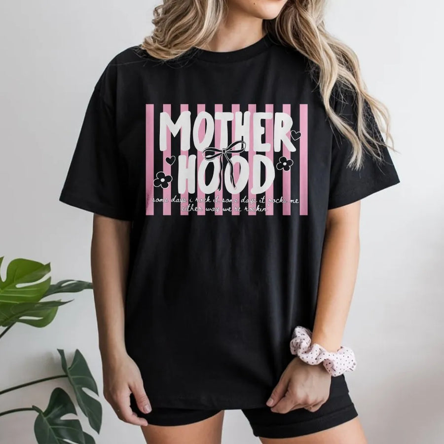 Motherhood T-Shirt | Trendy Pink Striped Preppy Graphic | Soft Cotton Blend Pullover | Mothers Day Gift for New Mom