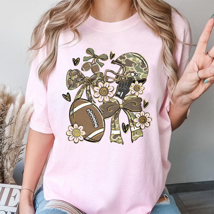 Football Camo T-Shirt | Game Day Aesthetic with Bows and Flowers | 100% Cotton Premium Tee | Cute Fall Sports Fan Gift for Her