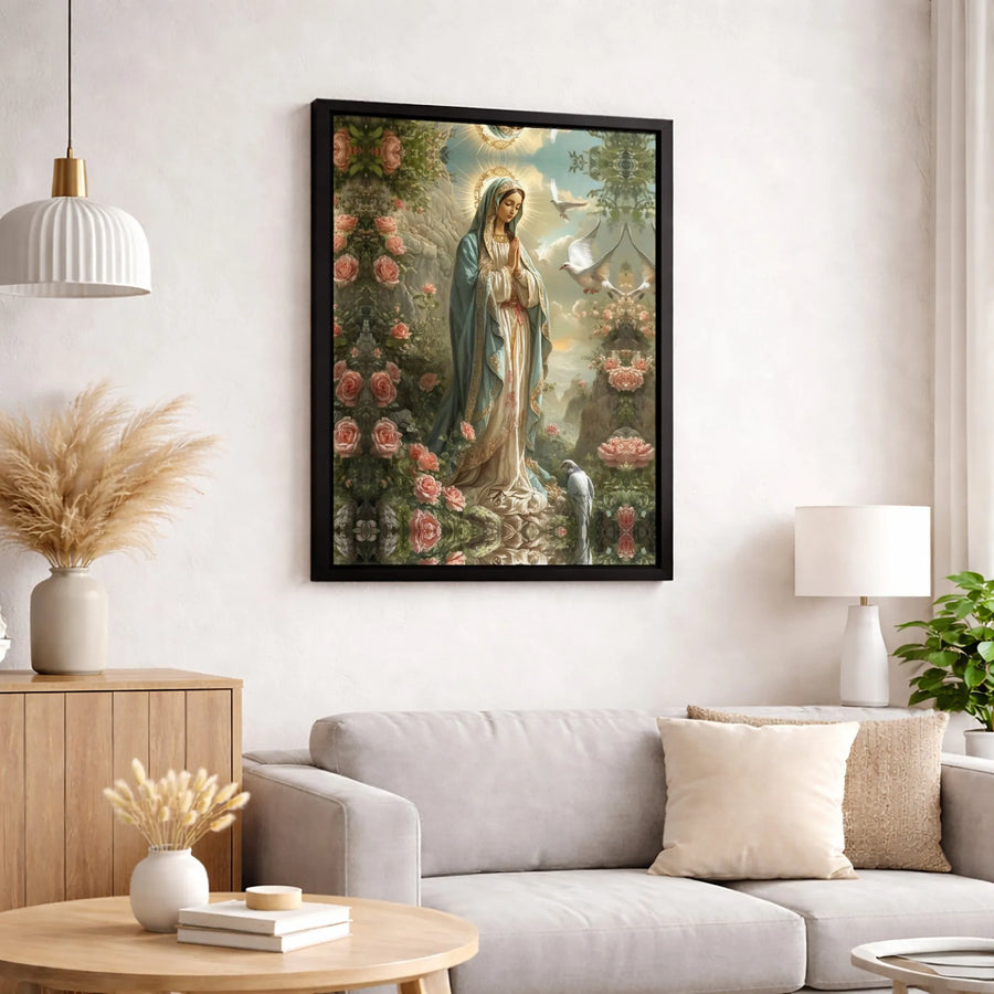 Virgin Mary Canvas Print | Religious Art with Doves and Roses | Premium 1.25-inch Gallery Wrapped | Catholic Wall Decor Gift