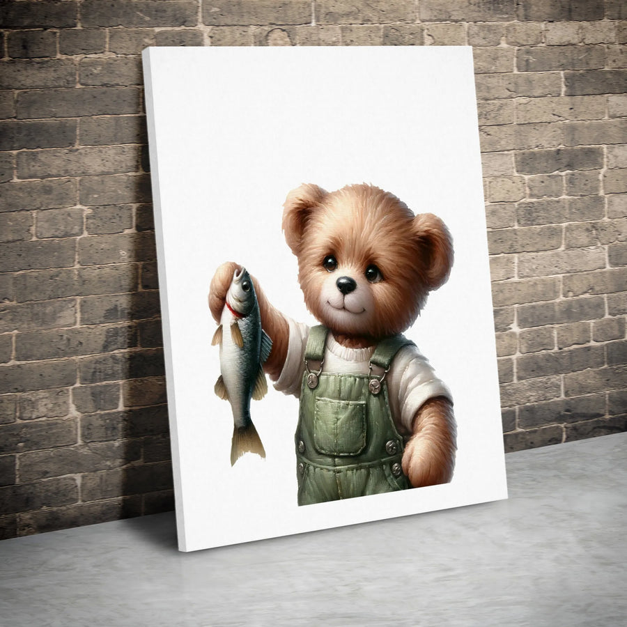 Fishing Teddy Bear Canvas Wall Art | Cute Animal Portrait in Overalls | Premium 1.25" Gallery Wrap | Charming Nursery & Home Decor Gift