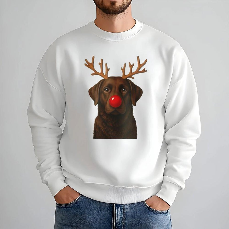 Chocolate Labrador Christmas Sweatshirt | Reindeer Antlers Graphic | Premium Cotton Blend | Gift For Dog Lovers & Xmas Party