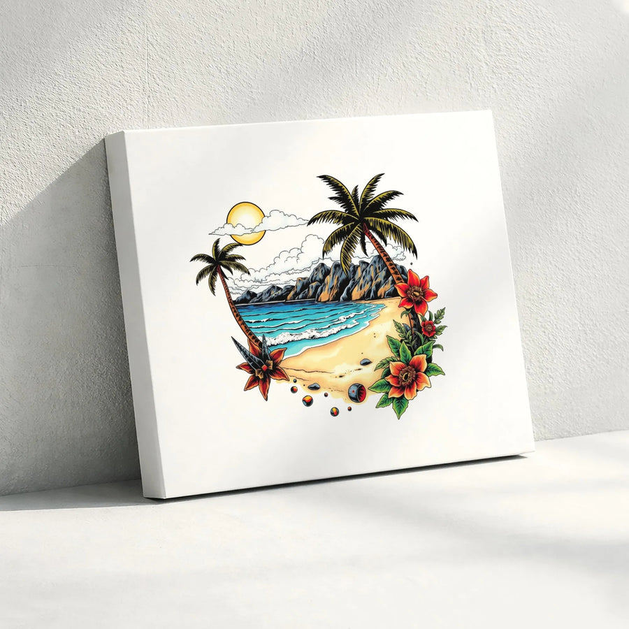 Tropical Beach Canvas Wall Art | Traditional Tattoo Style Palm Tree Scene | Premium Fade-Resistant Print | Coastal Home Decor Gift
