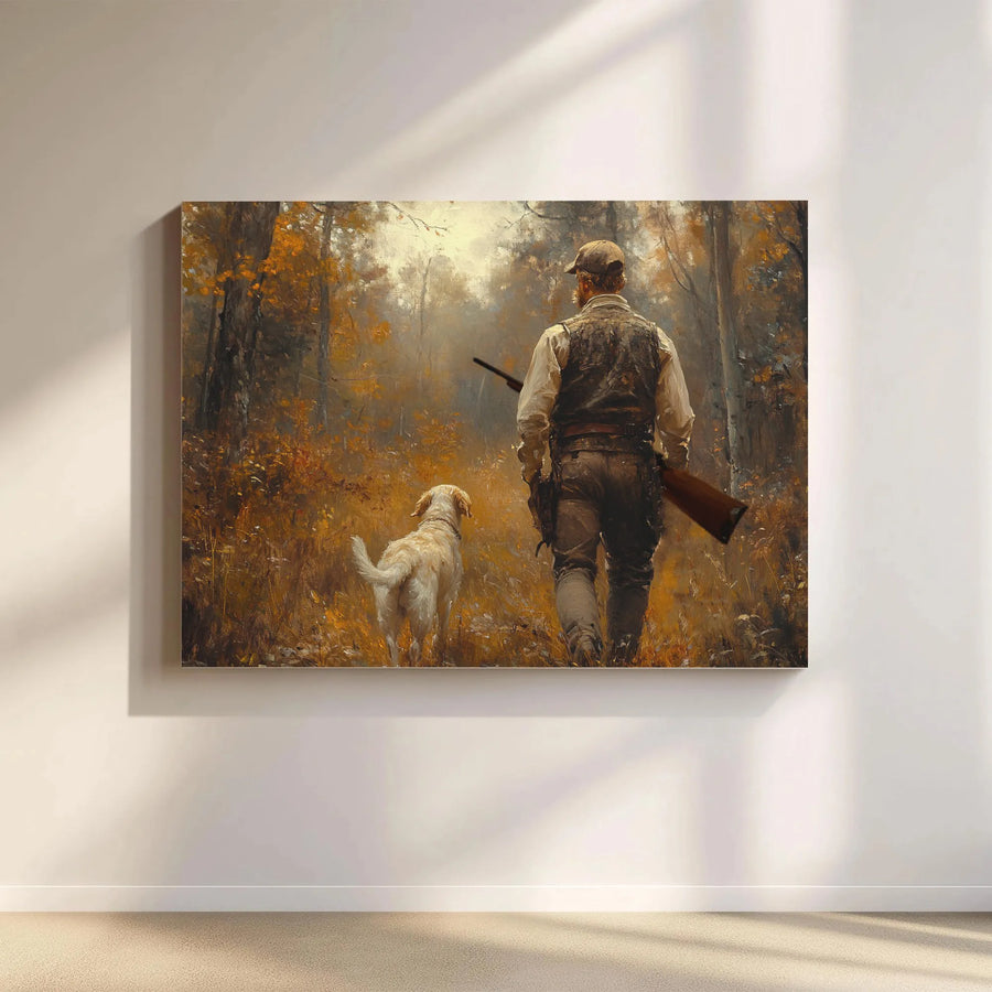 Hunter and Labrador Dog Canvas | Autumn Forest Landscape Art | Premium Gallery-Wrapped Print | Gift for Outdoorsmen and Hunters
