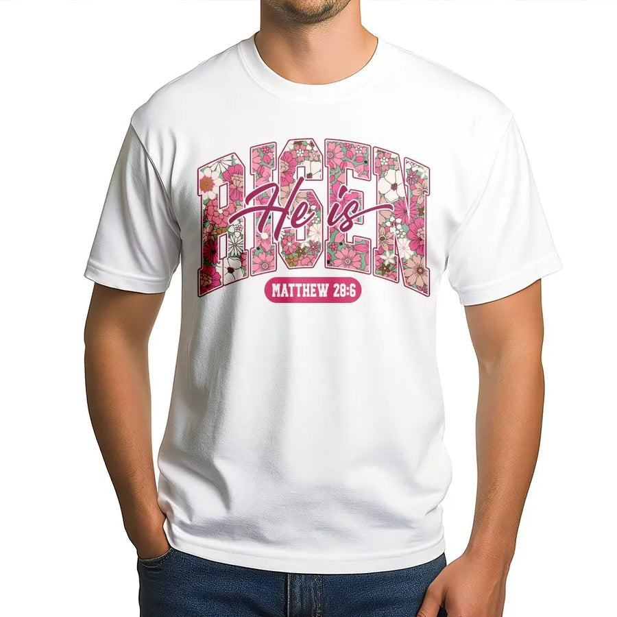 He Is Risen T-Shirt | Floral Matthew 28:6 Graphic Print | Premium Soft Cotton Tee | Easter Christian Gift for Women