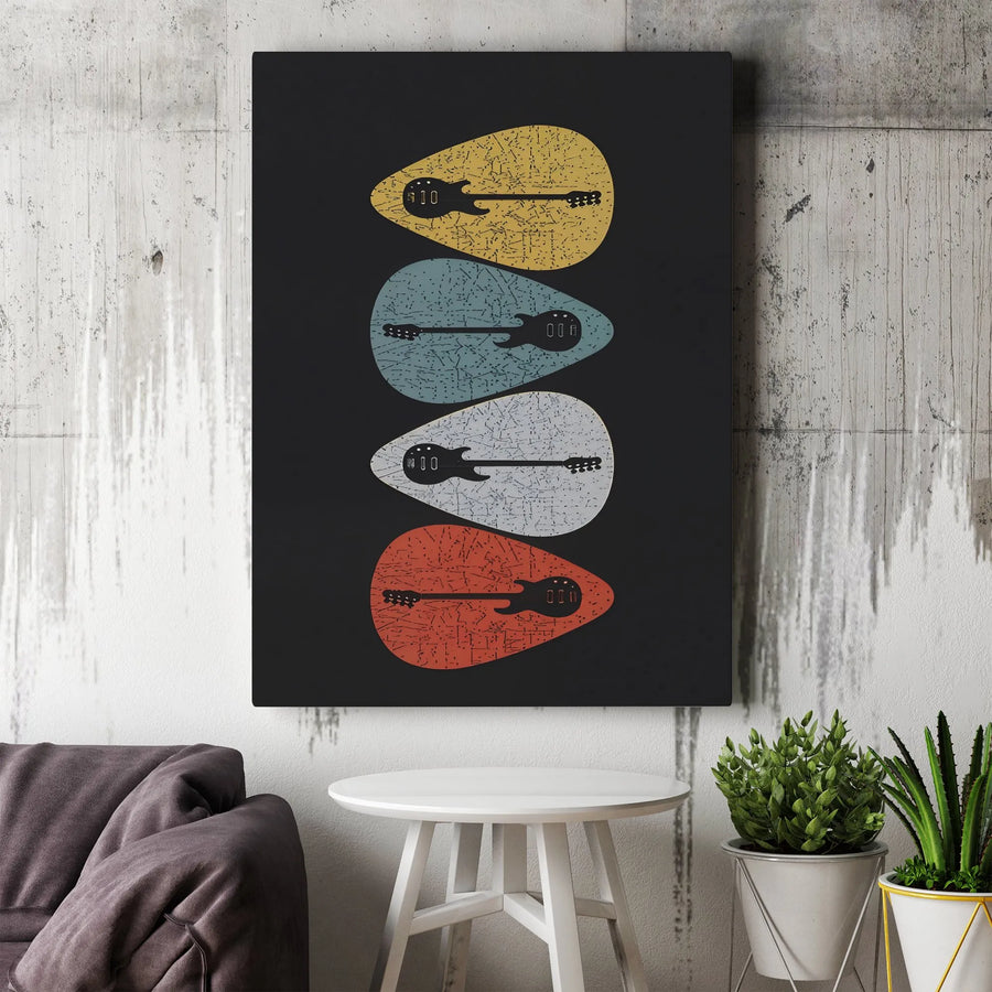 Electric Guitar Pick Canvas Wall Art | Mid-Century Modern Music Poster | Premium Gallery Wrapped Print | Gift for Musician Guitarist
