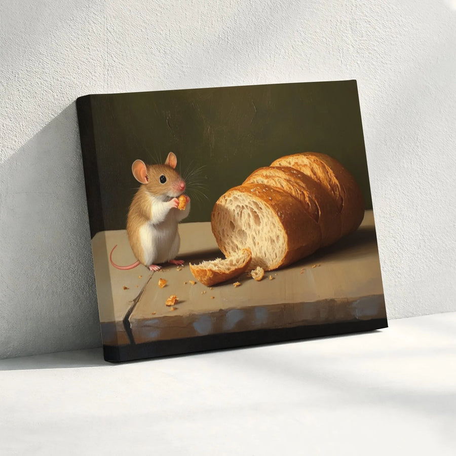 Mouse Eating Bread Canvas Print | Whimsical Still Life Wall Art | Premium Gallery-Wrapped Gallery Quality | Cottagecore Kitchen Decor Gift