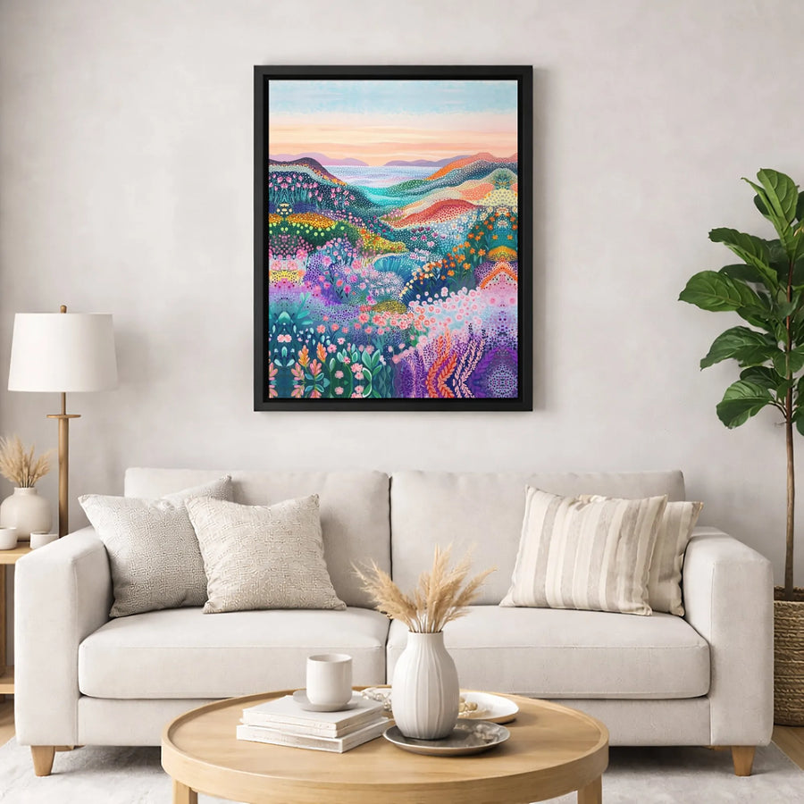 Vibrant Floral Landscape Canvas | Colorful Pointillism Rolling Hills Art | Premium Fade-Resistant Print | Gallery-Quality Home Wall Decor