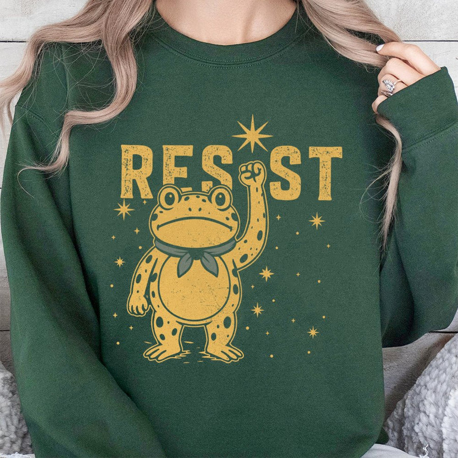Resist Frog Sweatshirt | Activist Protest Graphic Pullover | Soft Cotton Blend Unisex Apparel | Unique Gift for Social Justice Advocates