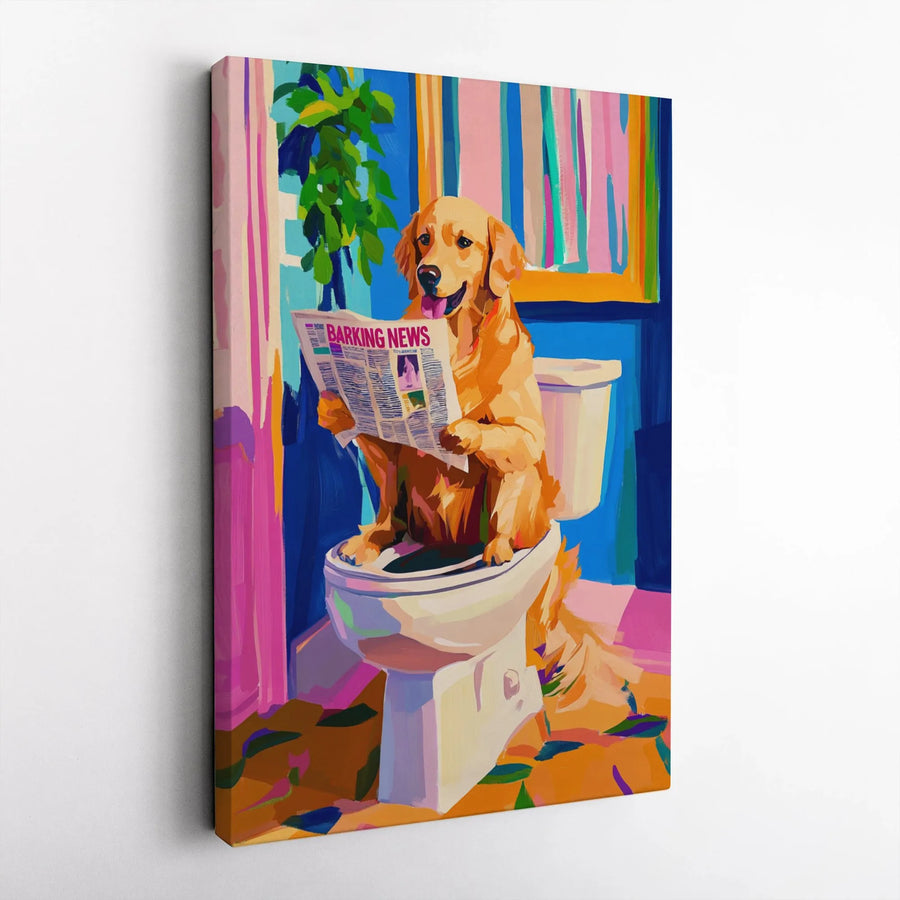 Funny Dog on Toilet Wall Art | Golden Retriever Reading Newspaper Print | Premium Gallery Wrap Canvas | Unique Bathroom Decor Gift for Dog Lover
