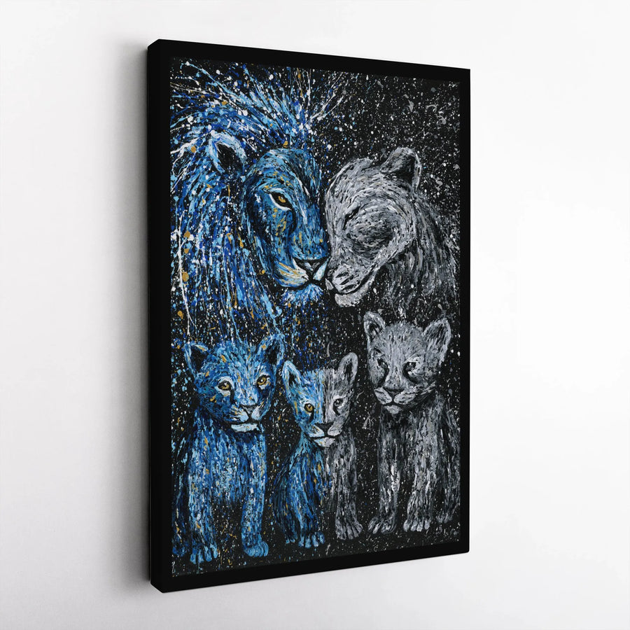Lion Family Canvas Wall Art | Abstract Blue Grey Splatter Painting | Premium Gallery Wrap Print | Modern Living Room Home Decor Gift