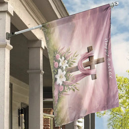 Christian Easter House Flag | Happy Easter Cross with Lilies & Roses | Premium Double-Sided Polyester | Religious Outdoor Decor Gift for Church & Home