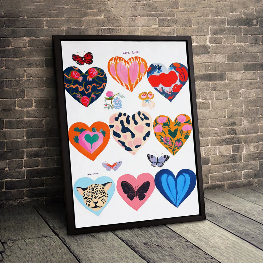 Colorful Heart Canvas Wall Art | Butterfly And Animal Print Design | Premium Fade-Resistant Gallery Wrap | Modern Home Decor Gift