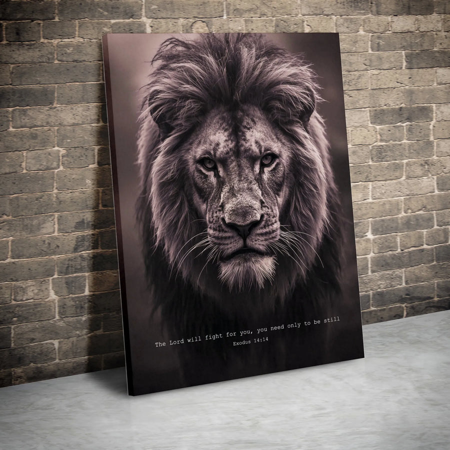 Lion Scripture Vertical Canvas | Exodus 14:14 Bible Verse Wall Art | 1.25" Gallery Wrap Premium Print | Christian Faith Encouragement Gift