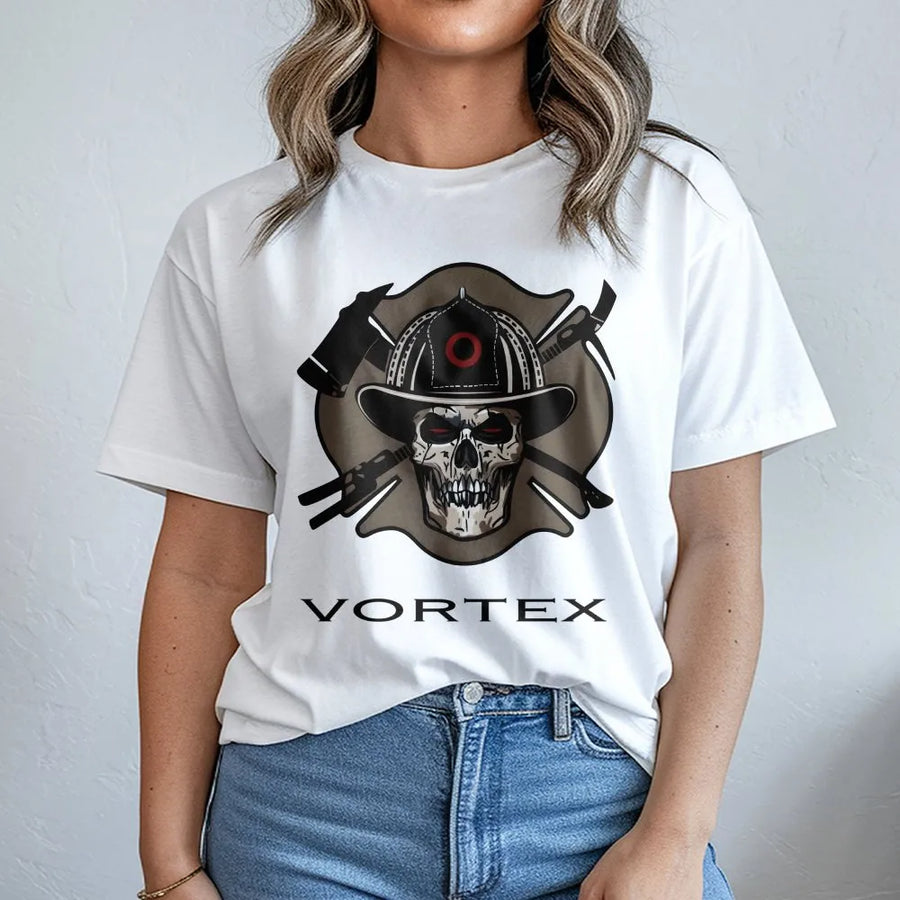 Firefighter Skull T-Shirt | Tactical Fire Helmet and Axe Graphic Design | Premium 100% Cotton | Gift for First Responder and Firefighter