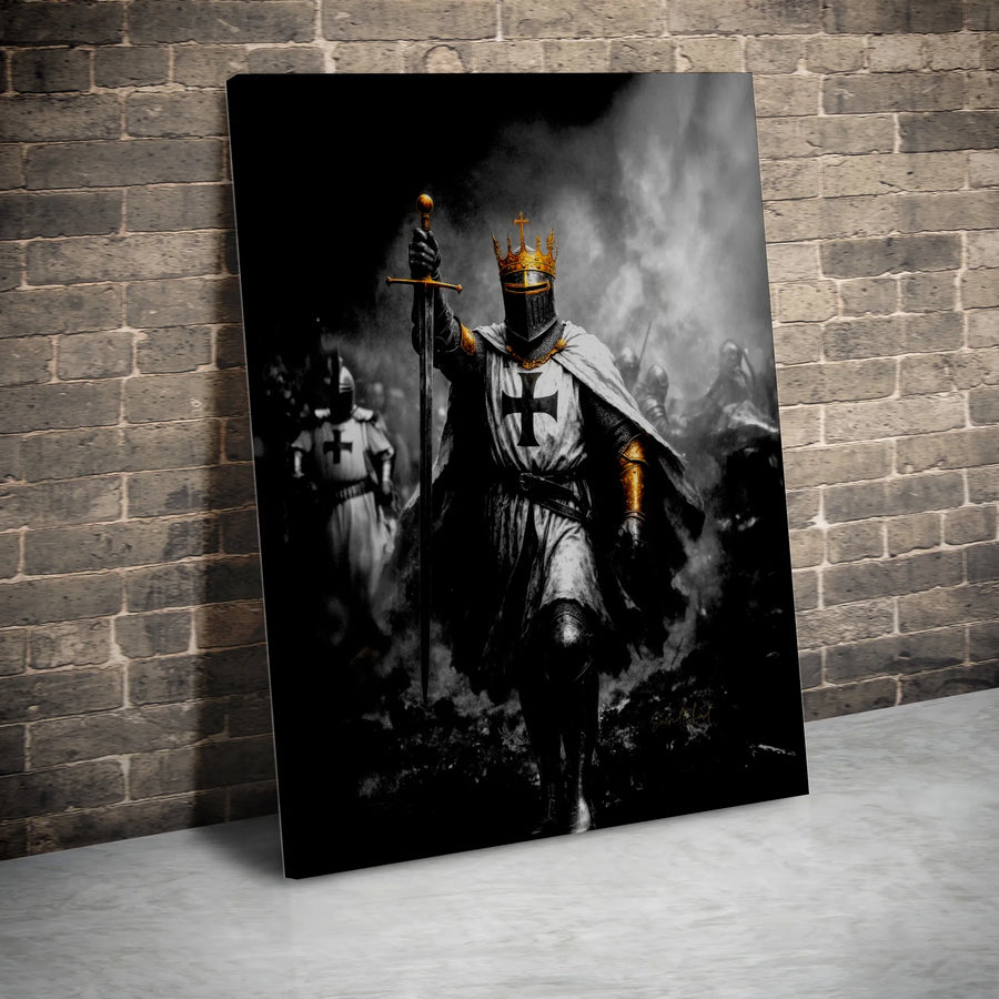 Knight Templar Canvas Wall Art | Golden Crown Crusader Warrior Design | Premium Fade-Resistant Print | Dark Aesthetic Home & Office Decor Gift