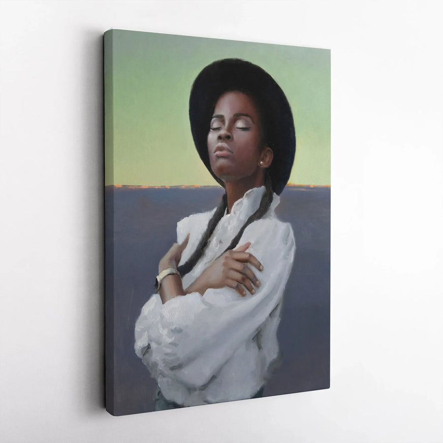 Modern Black Art Canvas Print | Portrait of Serene Woman in Hat | Premium Gallery Quality Wall Decor | Collector's Gift for Living Room
