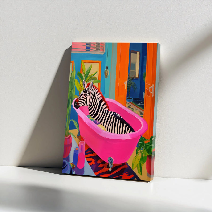 Zebra in Bathtub Canvas Wall Art | Vibrant Animal Pop Art with Pink Tub | Premium Gallery Canvas | Eclectic Bathroom Decor Gift
