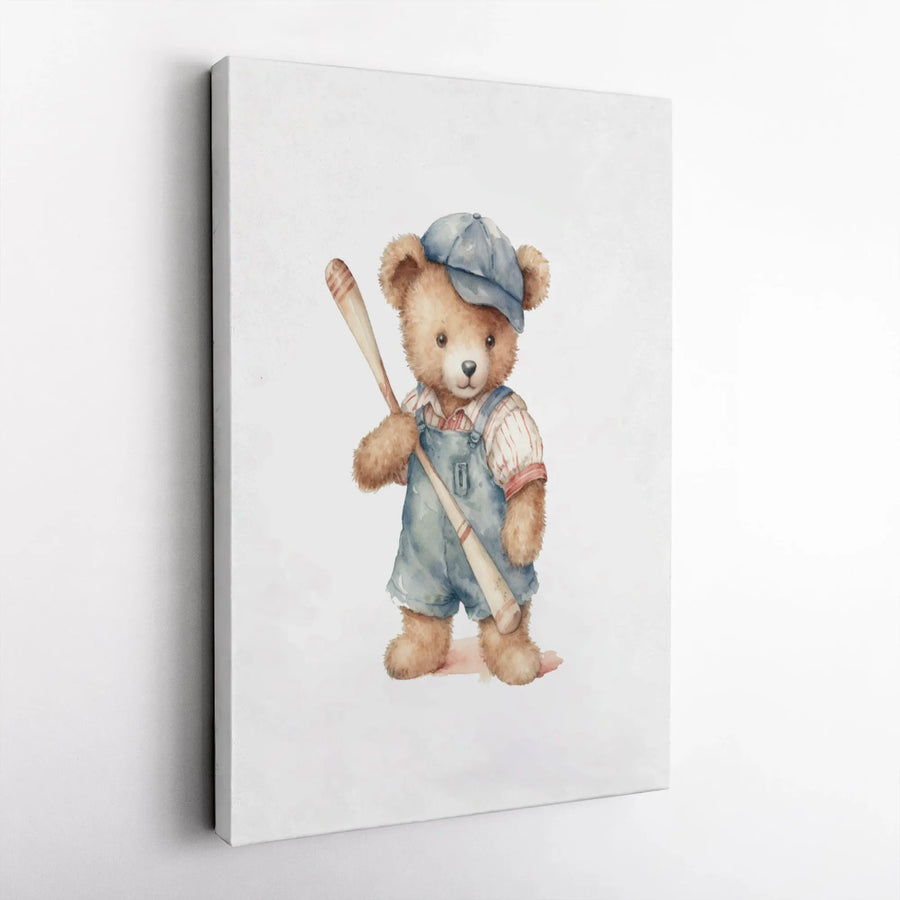 Baseball Teddy Bear Canvas Print | Watercolor Animal Illustration | Premium Gallery Wrapped Canvas | Nursery Decor Gift for Kids Room