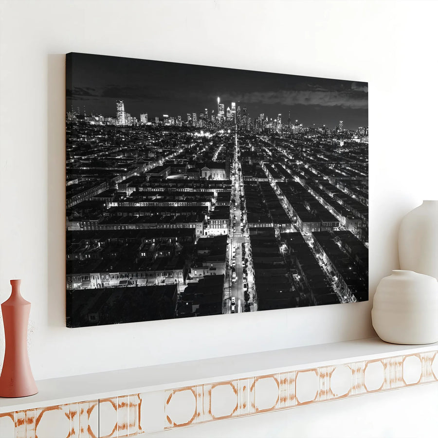 Philadelphia Skyline Canvas Art | Black and White Night Photography Print | Premium 1.25" Thick Profile | Modern Office & Home Decor Gift