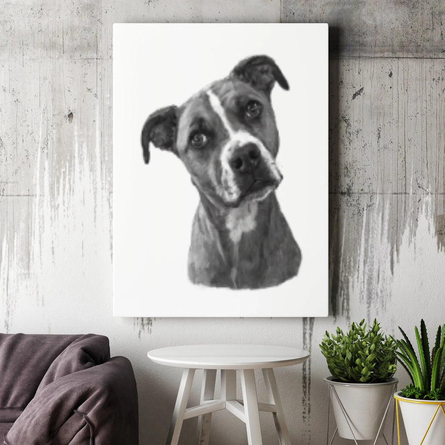 Pit Bull Portrait Canvas Art | Black and White Dog Sketch Print | 1.25 Inch Gallery Wrap | Unique Dog Lover Gift for Home Decor