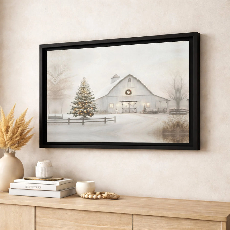 Snowy White Barn Wall Art | Lit Christmas Tree Winter Scene | Premium 1.25" Gallery Canvas | Farmhouse Holiday Home Decor Gift