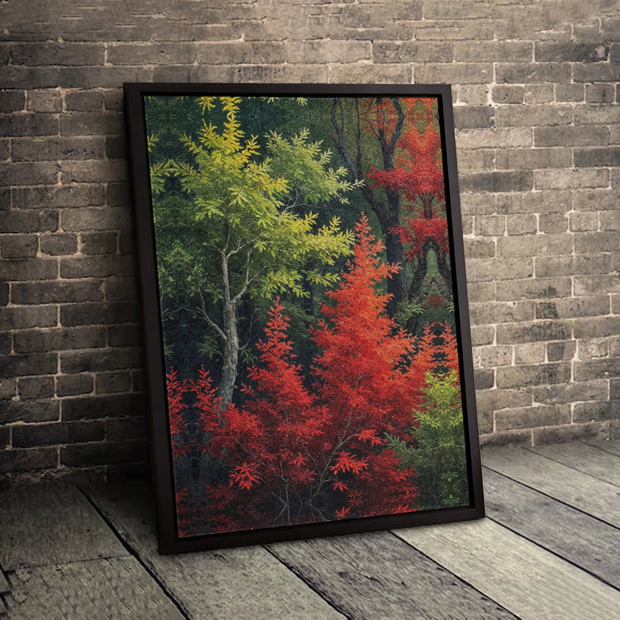 Autumn Forest Canvas Wall Art | Vibrant Red and Green Fall Trees Landscape | 1.25-Inch Premium Gallery Wrap | Nature-Inspired Home Decor Gift