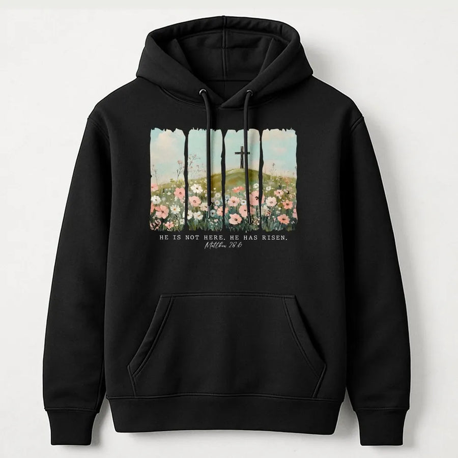 He Is Not Here He Has Risen Hoodie | Floral Cross Easter Scripture Design | Premium Cotton Blend | Christian Religious Gift For Her